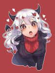  1girl absurdres bangs black_horns black_suit black_tail breasts cropped_torso demon_girl demon_horns demon_tail heart heart-shaped_pupils helltaker highres horns julia8857 long_hair looking_at_viewer modeus_(helltaker) red_background red_eyes red_sweater ribbed_sweater simple_background solo sweater symbol-shaped_pupils tail white_hair 