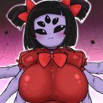  1:1 5_eyes 6_arms accessory anthro arachnid arthropod big_breasts blush bow_tie breasts clothed clothing colored cute_fangs fangs female hair hair_accessory hair_bow hair_ribbon hi_res humanoid kaxiota muffet multi_arm multi_eye multi_limb non-mammal_breasts pigtails purple_body purple_skin ribbons shirt short_hair simple_background smile solo spider spider_web straight_hair tight_clothing tight_shirt tight_topwear topwear undertale video_games 