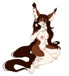  5_fingers ankle_tuft anthro blush breasts canid canine canis digital_media_(artwork) domestic_dog female fingers fur hair kaitycuddle leg_tuft mammal nipples nude paws signature simple_background sitting smile solo tuft 
