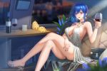  1girl absurdres alcohol azur_lane backless_dress backless_outfit bag bangs bare_shoulders blue_hair blue_nails bottle bracelet breasts car car_interior cleavage commentary_request crossed_legs cup dress drinking_glass earrings evening_gown feet grey_dress ground_vehicle hair_between_eyes halter_dress handbag high_heels highres holding holding_cup hong_bai huge_filesize jewelry large_breasts manjuu_(azur_lane) motor_vehicle nail_polish necklace pink_eyes plunging_neckline revealing_clothes side_ponytail sidelocks silver_dress silver_footwear sitting st._louis_(azur_lane) st._louis_(luxurious_wheels)_(azur_lane) thighs 