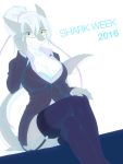  2016 3:4 anthro blue_eyes breasts butt clothed clothing eyewear fan_character female fish glasses grey_body hair marine multicolored_body non-mammal_breasts q_wed shark simple_background sitting smile solo two_tone_body white_background white_body white_hair 