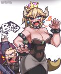  1boy 1girl absurdres bare_shoulders black_collar black_dress blonde_hair blue_eyes bowsette bracelet collar collarbone covered_navel cowboy_shot dress earrings hair_between_eyes highres horns jewelry long_hair looking_at_viewer mario_(series) new_super_mario_bros._u_deluxe open_mouth pointy_ears sagas293 sharp_teeth spiked_armlet spiked_bracelet spiked_collar spiked_shell spiked_tail spikes strapless strapless_dress super_crown super_mario_bros._(movie) tail teeth tongue tongue_out turtle_shell 