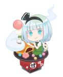  1girl ascot bangs black_ascot black_bow black_hairband black_ribbon blue_eyes bogyaku_no_m bow bowtie candy collared_shirt dango dorayaki food ghost green_skirt green_vest hair_ribbon hairband hitodama konpaku_youmu konpeitou looking_at_viewer minigirl puffy_short_sleeves puffy_sleeves ribbon seiza shirt short_hair short_sleeves silver_hair simple_background sitting skirt touhou vest wagashi white_background white_shirt 