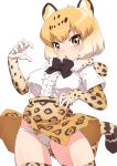  1girl :o animal_ears black_neckwear blonde_hair bow bowtie breasts eyebrows_visible_through_hair hand_up jaguar_(kemono_friends) jaguar_ears jaguar_print jaguar_tail kemono_friends looking_at_viewer medium_breasts orange_skirt panties senzoc shirt short_hair short_sleeves simple_background skirt solo tail thighhighs underwear white_background white_panties white_shirt yellow_eyes 