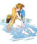  2020 blonde_hair blush breath_of_the_wild clothed clothing digital_media_(artwork) duo eyes_closed female hair humanoid humanoid_on_humanoid humanoid_pointy_ears hylian kissing kukumomo link long_hair male male/female mammal nintendo not_furry partially_submerged princess_zelda simple_background the_legend_of_zelda video_games water 