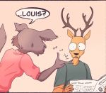 2020 ? anthro antlers beastars brown_body brown_fur canid canine canis cervid comic dialogue duo eden_fries english_text female fur hi_res horn juno_(beastars) louis_(beastars) male mammal newspaper snap speech_bubble text wolf 