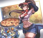  1boy 1girl artist_name belt bra bra_peek breasts brown_hair cheese cleavage cowboy_shot denim denim_shorts elbow_gloves employee_uniform fast_food_uniform fingerless_gloves food galio gloves hat highres holding holding_food holding_pizza league_of_legends long_hair looking_at_viewer pepperoni pizza pizza_delivery pizza_delivery_sivir popped_collar red_headwear red_legwear sagas293 shorts sivir solo_focus sweatdrop thighhighs tied_sweater underwear uniform 