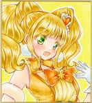  1girl bangs bare_shoulders blonde_hair blunt_bangs blush choker commentary_request cure_sparkle dress earrings eyebrows_visible_through_hair gloves graphite_(medium) green_eyes healin&#039;_good_precure highres jewelry looking_at_viewer marker_(medium) nekofish666 open_mouth portrait precure shiny shiny_hair sidelocks sleeveless sleeveless_dress solo traditional_media two_side_up white_gloves yellow_dress yellow_neckwear 