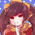  1girl ashley_(warioware) black_hair blush commentary_request dated_commentary finger_to_mouth herunia_kokuoji long_hair looking_at_viewer parted_lips polka_dot polka_dot_background red_eyes shushing smile solo translation_request twintails warioware 