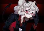  1girl adjusting_eyewear bags_under_eyes black_gloves black_suit business_suit curly_hair demon demon_girl demon_horns demon_tail formal glasses gloves helltaker horns ifelt_(tamaki_zutama) long_sleeves looking_at_viewer pandemonica_(helltaker) ponytail red_eyes red_shirt shirt solo suit tail 