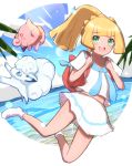  1girl :d alolan_form alolan_vulpix bag bangs blonde_hair blush clefairy cloud commentary_request day eyebrows_visible_through_hair gen_1_pokemon gen_7_pokemon green_eyes happy highres lillie_(pokemon) long_hair looking_at_viewer nuneno open_mouth pleated_skirt pokemon pokemon_(anime) pokemon_sm_(anime) ponytail red_bag shiny shiny_hair shirt short_sleeves skirt sky smile socks summer water white_footwear white_legwear white_shirt white_skirt 