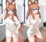  1girl :3 absurdres animal_ears arms_behind_back baggy_clothes blush breasts brown_hair cleavage collarbone commentary_request covered_nipples highres index_finger_raised large_breasts long_hair multiple_views naked_shirt neko_lu_(wofud453) no_bra off-shoulder_shirt off_shoulder original oversized_clothes pajamas_challenge pulled_by_self shirt solo t-shirt tail taut_clothes taut_shirt 