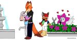  &lt;3 3_toes 4_fingers anthro bad_guy_cafe brown_eyes bush_(disambiguation) canid canine canis crossover disney eliot_fanghanel female fingers fountain fox fur green_eyes grey_body grey_eyes grey_fur group hug judy_hopps kissing koraru-san lagomorph leporid male mammal nick_wilde orange_body orange_fur phone photo rabbit toes white_body white_fur wolf ziegelzeig_zoona zootopia 