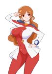  1girl bangs blush bodysuit breasts cameltoe character_request cleavage copyright_request covered_navel covered_nipples large_breasts long_hair orange_hair red_eyes simple_background skin_tight skirt smile solo watch webslinger white_background wristwatch 