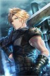  1boy absurdres bangs belt black_belt black_gloves black_shirt blonde_hair blue_eyes blurry blurry_background building buster_sword closed_mouth cloud cloud_strife cloudy_sky commentary depth_of_field earrings english_commentary final_fantasy final_fantasy_vii final_fantasy_vii_remake gauntlets gloves grey_sky highres holding holding_sword holding_weapon iria_(yumeirokingyo) jewelry light_particles male_focus overcast pauldrons shirt short_hair shoulder_armor sky sleeveless sleeveless_shirt solo spiked_hair sword weapon 