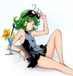  1girl bare_arms bare_shoulders bikini black_swimsuit bracelet breasts covered_navel cup drink drinking_glass drinking_straw eyewear_on_head flower food frilled_bikini frills fruit full_body green_eyes green_hair hand_on_eyewear highres jewelry looking_at_viewer murata_yuusuke one-punch_man orange orange_slice short_hair skirt sleeveless small_breasts solo sunglasses swimsuit tatsumaki 