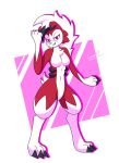  2020 3_toes 4_fingers anthro better_version_at_source black_claws black_markings breasts claws female fingers fur hair hi_res lewott looking_at_viewer lycanroc markings midnight_lycanroc nintendo pink_eyes pok&eacute;mon pok&eacute;mon_(species) red_body red_fur sharp_claws sharp_teeth signature smile standing teeth toes video_games white_body white_fur white_hair 