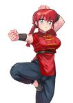  1girl absurdres belt blue_eyes bracer braid breasts chinese_clothes clenched_hands fighting_stance flats genderswap genderswap_(mtf) ghgnvm highres kung_fu long_braid medium_breasts pants ranma-chan ranma_1/2 red_hair saotome_ranma single_braid solo standing standing_on_one_leg tangzhuang white_background 