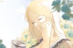  1girl adjusting_hair artist_name black_clover blonde_hair blue_flower blue_rose blue_sky braid charlotte_roselei closed_eyes collarbone cup flower holding holding_cup long_hair neekochanii rose side_braid sky solo teacup upper_body 