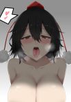  1girl absurdres black_hair blush breasts collarbone hair_between_eyes hat heart highres huge_breasts looking_at_viewer medium_hair nude open_mouth pom_pom_(clothes) red_eyes red_headwear shameimaru_aya solo spoken_heart tokin_hat tongue tongue_out touhou upper_body wuwusan 