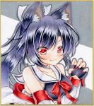  1girl animal_ear_fluff animal_ears azur_lane bangs bare_shoulders black_hair blush claw_pose collarbone commentary_request crop_top eyebrows_visible_through_hair fingerless_gloves gloves graphite_(medium) hair_between_eyes hair_ribbon highres long_hair looking_at_viewer marker_(medium) nekofish666 ponytail red_eyes red_nails ribbon sailor_collar shigure_(azur_lane) sidelocks solo swept_bangs tongue traditional_media white_ribbon wolf_ears 