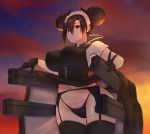  1girl agent_(girls_frontline) asymmetrical_hair black_dress black_gloves black_hair black_legwear breasts brown_eyes cannon closed_mouth cloud cowboy_shot double_bun dress evening finger_drag garter_belt garter_straps girls_frontline gloves gun hair_ornament highres holding holding_gun holding_weapon lace lace_panties large_breasts looking_at_viewer maid maid_headdress mechanical_arm mechanical_parts messy_hair navel panties pao_mian+dan pubic_tattoo red_sky sangvis_ferri shooting_star short_hair_with_long_locks short_sleeves sidelocks skindentation sky solo star_(sky) starry_sky sunset tattoo thighhighs thighs tsurime underwear v weapon 