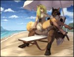  4_toes 5_fingers anthro anthro_on_anthro anthro_penetrated anthro_penetrating anthro_penetrating_anthro areola bastika beach black_nose blonde_hair breasts canid canine canis day detailed_background domestic_dog duo eyebrows eyelashes female female_penetrated fingers fox hair hi_res male male/female male_penetrating male_penetrating_female mammal nipples outside penetration sand seaside sex shoreline sky smile toes vaginal vaginal_penetration water 