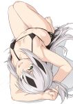  1girl armpits arms_behind_head arms_up bangs bare_shoulders barefoot bikini black_hair blush breasts cleavage collarbone fate/grand_order fate_(series) green_eyes hair_between_eyes knees_up long_hair looking_at_viewer lying medium_breasts multicolored_hair nagao_kagetora_(fate) navel on_back open_mouth shiseki_hirame smile solo streaked_hair swimsuit thighs two-tone_hair white_hair 