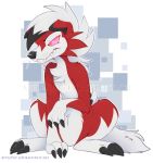  2016 anthro applepup better_version_at_source black_claws black_markings black_nose canid canine claws eyebrows fur hair lycanroc mammal markings midnight_lycanroc nintendo pink_eyes pok&eacute;mon pok&eacute;mon_(species) red_body red_fur sharp_teeth signature sitting teeth toe_claws video_games white_body white_fur 