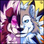  1:1 2016 ambiguous_gender anthro blue_eyes brown_body brown_fur canid canine fangs fur glowing glowing_eyes hair inner_ear_fluff lycanroc mammal midday_lycanroc midnight_lycanroc nintendo pink_eyes pok&eacute;mon pok&eacute;mon_(species) purple_background red_body red_fur sharp_teeth sheekns signature simple_background smile spikes teeth tuft video_games white_body white_fur white_hair white_inner_ear white_inner_ear_fluff yellow_background 