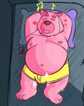  &lt;3 2020 anthro bed bulge clothing eyes_closed fur furniture gmarrascapache headphones hi_res lying male mammal moobs nipples overweight overweight_male pillow pink_body pink_fur solo underwear ursid 