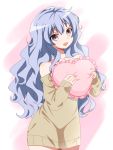  1girl artist_name beyblade beyblade:_burst blue_hair breasts chankyone character_name heart highres korean_text legs long_hair medium_breasts nishiro_nya open_eyes open_mouth pillow pillow_hug purple_eyes simple_background sweater 