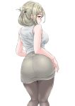  ass breasts glasses green_eyes highres kantai_collection katori_(kantai_collection) large_breasts light_brown_hair looking_at_viewer looking_back pantyhose pencil_skirt shirt simple_background skirt sleeveless takomeshi white_shirt 