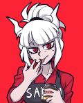  1girl apron centinel303 chocolate demon_girl demon_horns finger_licking hairband helltaker horns licking long_hair looking_at_viewer lucifer_(helltaker) mole mole_under_eye nutella ponytail red_background red_eyes red_shirt shirt solo tongue tongue_out white_hair 