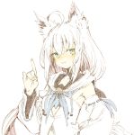  1girl :3 abara_heiki ahoge animal_ear_fluff animal_ears asymmetrical_hair blush braid breasts closed_mouth commentary detached_sleeves earrings eyebrows_visible_through_hair fox_ears fox_shadow_puppet fox_tail green_eyes hair_between_eyes hololive jewelry long_hair looking_at_viewer shirakami_fubuki side_braid simple_background small_breasts smile smug solo tail traditional_media upper_body virtual_youtuber white_background white_hair white_hoodie 