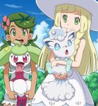  2girls :d alolan_form alolan_vulpix bangs blonde_hair braid cloud dark_skin day dress flower gen_7_pokemon green_eyes green_hair hair_flower hair_ornament happy hat holding holding_pokemon lillie_(pokemon) long_hair mao_(pokemon) multiple_girls open_mouth pokemoa pokemon pokemon_(anime) pokemon_(creature) pokemon_sm_(anime) sky sleeveless sleeveless_dress smile standing steenee sun_hat swept_bangs teeth tongue tree twintails upper_teeth white_dress white_headwear 