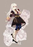  1girl albino bangs black_dress blue_legwear book boots dated dress eyebrows_visible_through_hair fire_emblem fire_emblem:_three_houses flower frills fringe_trim full_body garreg_mach_monastery_uniform grey_background high_heel_boots high_heels holding holding_book kero_sweet knee_boots long_hair long_sleeves looking_at_viewer lysithea_von_ordelia pantyhose parted_lips petticoat red_eyes rose signature silver_hair solo white_flower white_footwear white_rose 