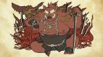  2020 anthro belly humanoid_hands kemono male mammal moobs nipples osansyoup overweight overweight_male sitting solo suid suina sus_(pig) weapon wild_boar 