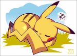  2017 ambiguous_gender dipstick_ears english_text eyes_closed grass multicolored_ears nintendo pikachu pok&eacute;mon pok&eacute;mon_(species) signature sleeping solo text thought_bubble video_games woofzilla yellow_body 