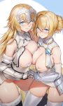  2girls areolae azur_lane bandaid bandaid_on_pussy bandaids_on_nipples bangs blonde_hair blue_eyes blush breast_curtains breasts breasts_outside chain closed_mouth collar covered_nipples duan_henglong elbow_gloves fate/grand_order fate_(series) faulds gauntlets gloves hair_bun headpiece highres holding_hands jeanne_d&#039;arc_(azur_lane) jeanne_d&#039;arc_(fate) jeanne_d&#039;arc_(fate)_(all) large_breasts long_braid long_hair looking_at_viewer metal_collar multiple_girls pasties smile thighhighs thighs 