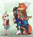  3_toes 4_fingers anthro bad_guy_cafe blep blue_eyes brown_body brown_eyes brown_fur canid canine female fingers fox fur green_eyes group heterochromia hi_res hug jake_thumpings lagomorph leporid male mammal midnight_(starwishermidnight) ned_(anheledir) ocerydia_zoona orange_body orange_fur rabbit tan_body tan_fur toes tongue tongue_out ziegelzeig ziegelzeig_zoona 