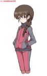  1girl alternate_costume artist_name black_ribbon blush braid brown_eyes brown_hair closed_mouth commentary cropped_legs girls_und_panzer hair_ornament hair_over_shoulder hair_ribbon hairclip hands_in_pockets jacket kayabakoro long_hair looking_to_the_side pants red_jacket red_pants ribbon rukuriri_(girls_und_panzer) simple_background single_braid smile solo standing track_jacket track_pants track_suit twitter_username white_background 
