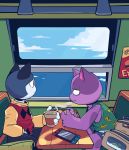  2019 absurd_res animal_crossing anthro backpack beverage blue_body blue_fur bob_(animal_crossing) clothed clothing cloud coffee digital_drawing_(artwork) digital_media_(artwork) domestic_cat duo felid feline felis fur game_console hi_res male mammal multicolored_body multicolored_fur nintendo nintendo_switch owy purple_body purple_fur rover_(animal_crossing) sea sitting toony train two_tone_body two_tone_fur vehicle video_games water window 