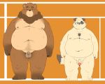  2020 5:4 96panda 96panda_hk anthro balls belly brown_body brown_fur canid canine canis domestic_dog duo eyes_closed eyewear flaccid fur genitals glasses kemono male mammal moobs nipples overweight overweight_male penis simple_background small_penis ursid 