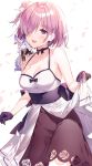  1girl bare_shoulders blush breasts choker cleavage collarbone dress fate/grand_order fate_(series) flower formal fou_(fate/grand_order) gloves hair_flower hair_ornament hair_over_one_eye highres kuroki_(ma-na-tu) large_breasts lavender_hair looking_at_viewer mash_kyrielight open_mouth petals purple_eyes purple_gloves purple_skirt sash short_hair simple_background skirt smile suit white_background white_dress 
