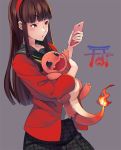  1girl absurdres amagi_yukiko black_hair brown_eyes charmander crossover gen_1_pokemon hairband highres holding long_hair open_mouth persona persona_4 pokemon pokemon_(creature) school_uniform skirt smile yuuten 