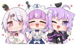  animal_ears blush bow cat_smile catgirl chibi dress headdress heart hololive hoodie kinka long_hair minato_aqua nekomata_okayu purple_eyes purple_hair red_eyes school_uniform shiina_yuika short_hair tail twintails white_hair wink 