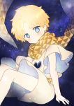  1boy blonde_hair blue_eyes blush fate/grand_order fate/requiem fate_(series) floating highres male_focus oumi_sanaka robe scarf space star_(sky) voyager_(fate/requiem) yellow_scarf 