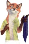  anthro black_nose canid canine claws clothed clothing dipstick_ears disney fox fur gloves_(marking) green_eyes holding_object male mammal markings multicolored_ears necktie nick_wilde open_shirt orange_body orange_fur pawpads red_fox shirt simple_background smile solo topwear white_background white_body white_fur yarisuyu zootopia 