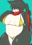  5_fingers akitaka anthro big_breasts bikini black_body black_fur black_hair blue_eyes blush breasts camel_toe canid canine clothing curvy_figure female fingers fur hair kemono looking_at_viewer mammal multicolored_body multicolored_fur navel overweight overweight_female scarf solo swimwear thick_thighs two_tone_body two_tone_fur voluptuous white_body white_fur 